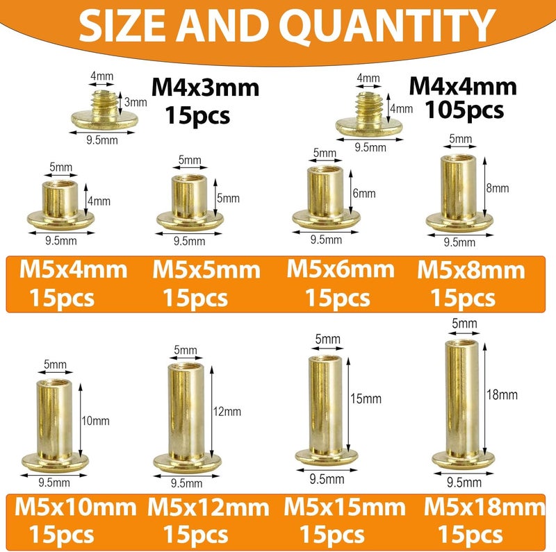 Hincell 120sets Chicago Screws Kit, 8 Sizes Screw Rivets Golden Chicago Binding Screws for DIY Repair Leather Craft Belt Bag Shoes Purse Bookbinding (M5*4,5,6,8,10,12,15,18) (Golden) - Image 2
